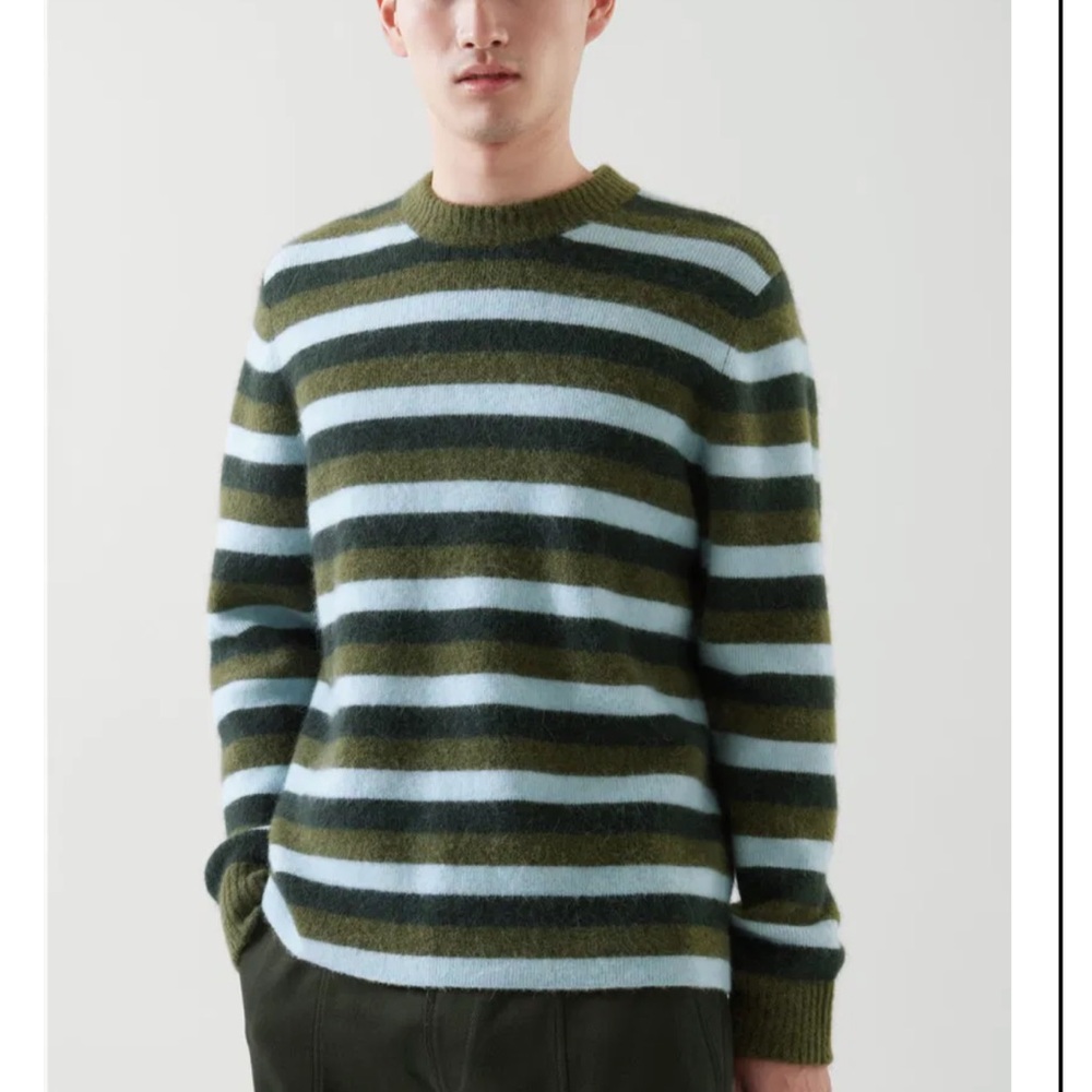 COS Men's Olive & Light Blue Striped Knit Sweater